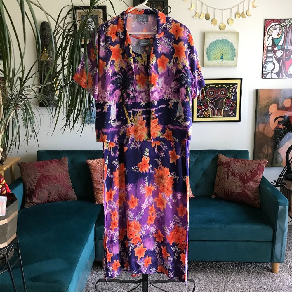 CAROL ANDERSON size L Petite Orange & Purple Tropical Floral 2 Pc Top & Dress